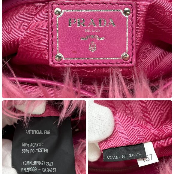 PRADA Vintage Logo Faux Fur Clutch Bag Zip Acrylic Polyester Pink  [105251] - Picture 13 of 13